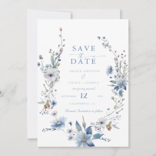 Stoffig Blauw Bloemen Lente groen bruiloft Save th Save The Date (Voorkant)