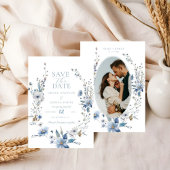 Stoffig Blauw Bloemen Lente groen bruiloft Save The Date