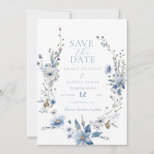Stoffig Blauw Bloemen Lente groen bruiloft Save The Date (Voorkant)