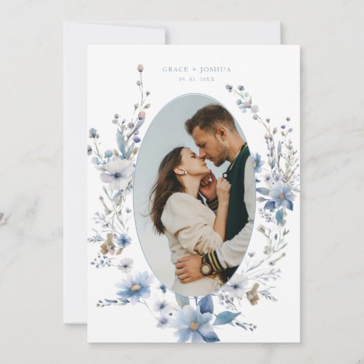 Stoffig Blauw Bloemen Lente groen bruiloft Save The Date (Achterkant)