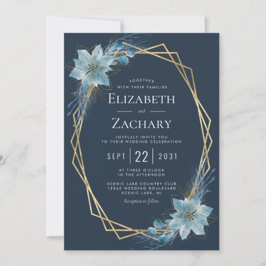 Stoffig Blauw Bloemen Marine Goud Winter Bruiloft Kaart (Voorkant)