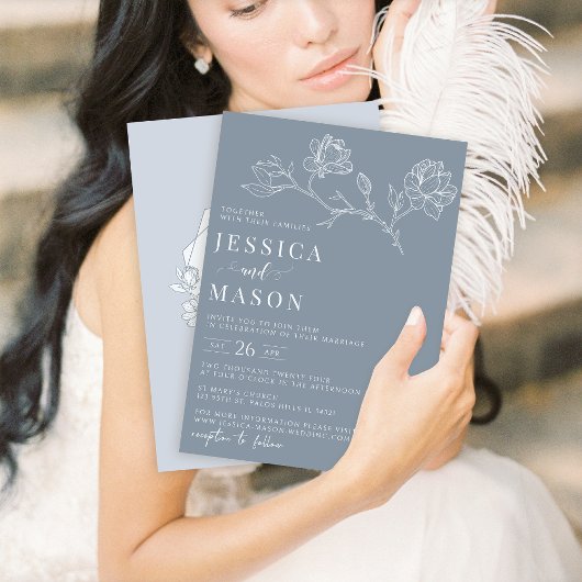 Stoffig blauw bloemen minimalistische bruiloft uit kaart