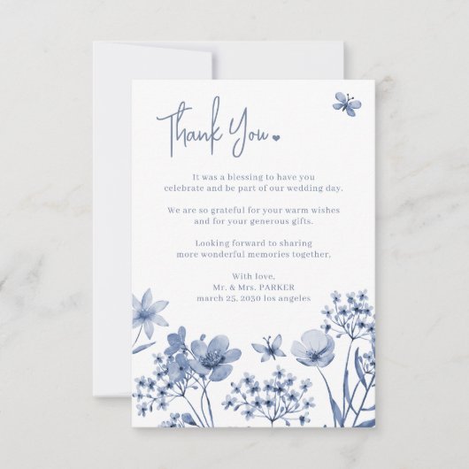 Stoffig blauw bloemen minimalistische moderne brui bedankkaart (Voorkant)