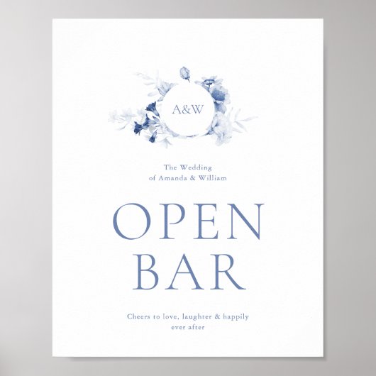 Stoffig Blauw Bloemen Open Bar Trouwbord Poster (Voorkant)