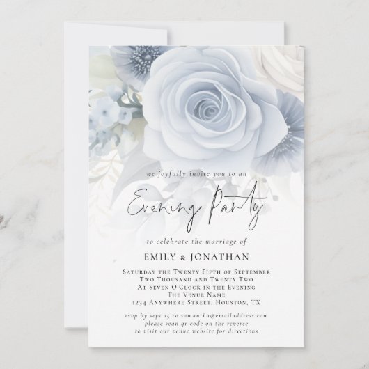 Stoffig Blauw Bloemen Overlay QR Bruiloft Avondfee Kaart (Voorkant)