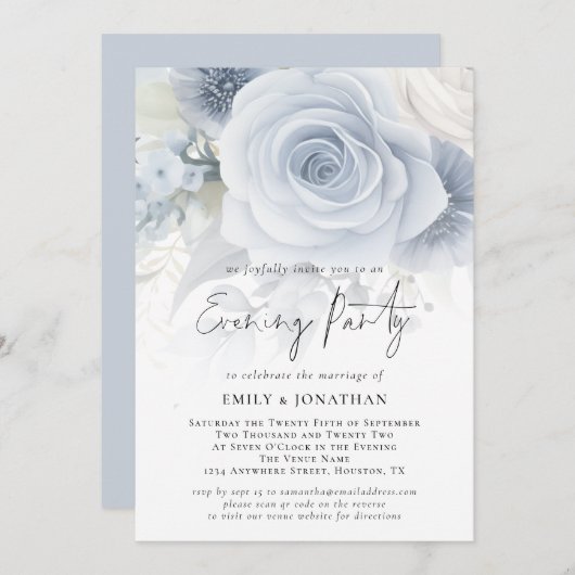 Stoffig Blauw Bloemen Overlay QR Bruiloft Avondfee Kaart (Voorkant / Achterkant)