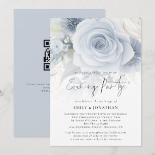 Stoffig Blauw Bloemen Overlay QR Bruiloft Avondfee Kaart