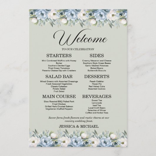 Stoffig Blauw Bloemen Salie Groen Bruiloft Recepti Menu (Voorkant)