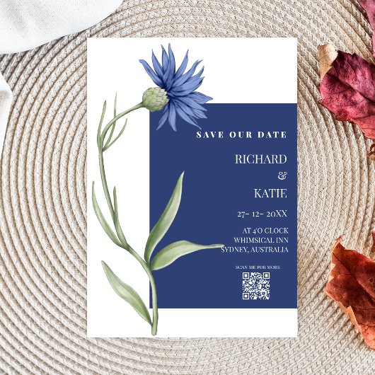 Stoffig blauw Bloemen stijlvol Qr code bruiloft Kaart