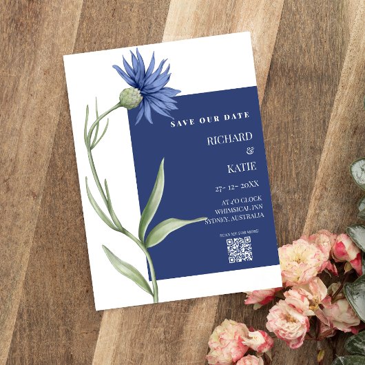 Stoffig blauw Bloemen stijlvol Qr code bruiloft Kaart