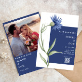 Stoffig blauw Bloemen stijlvol Qr code bruiloft Kaart