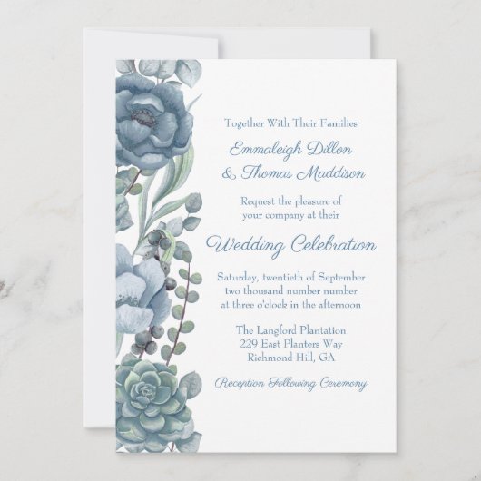 Stoffig Blauw Bloemen Succulenten Bruiloft Kaart (Voorkant)