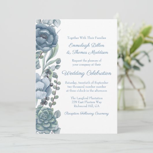Stoffig Blauw Bloemen Succulenten Bruiloft Kaart (Staand voorkant)