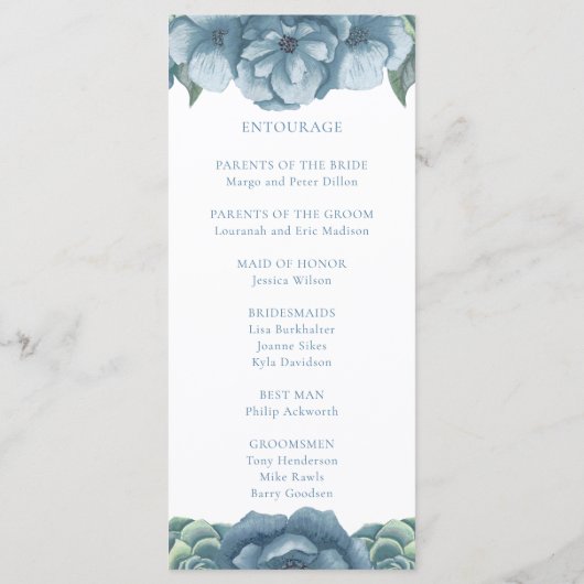 Stoffig Blauw Bloemen Succulenten Bruiloft Programmakaart (Achterkant)