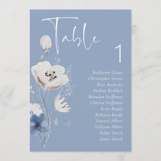 Stoffig Blauw Bloemen Trouwtafel Zitting Grafiek K Kaart (Achterkant)