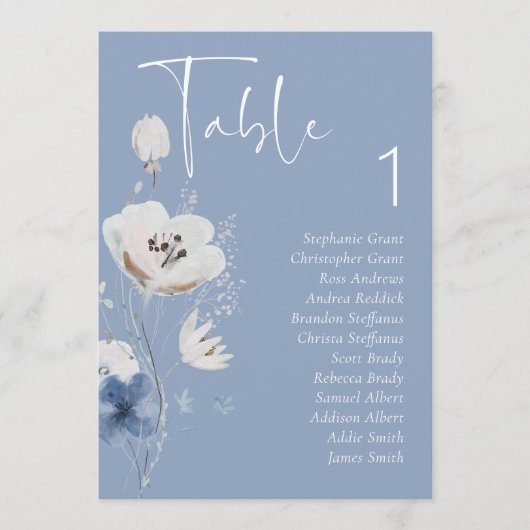 Stoffig Blauw Bloemen Trouwtafel Zitting Grafiek K Kaart (Voorkant)
