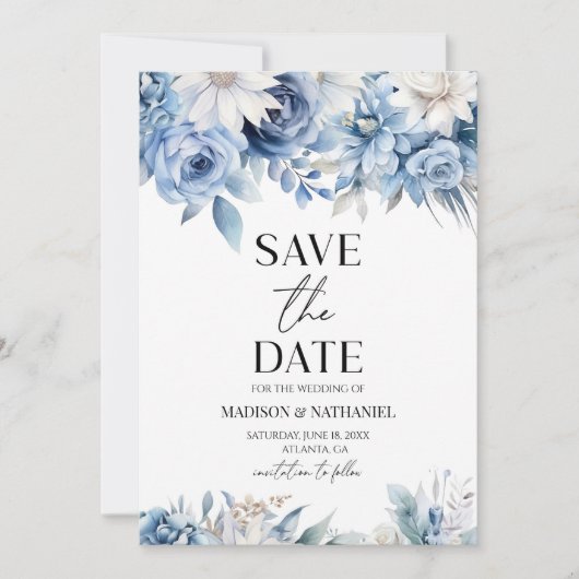 Stoffig Blauw Bloemen Tuin bruiloft Save The Date (Voorkant)