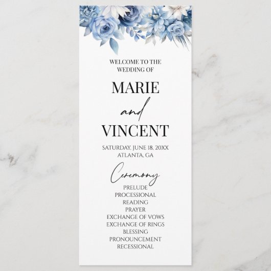 Stoffig Blauw Bloemen Tuin Trouwen Programmakaart (Voorkant)