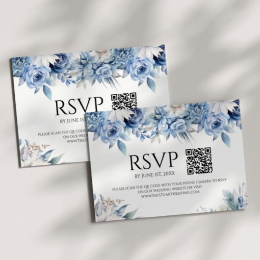 Stoffig Blauw Bloemen Tuin Trouwen QR Code RSVP Kaartje