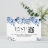 Stoffig Blauw Bloemen Tuin Trouwen QR Code RSVP Kaartje (Staand voorkant)