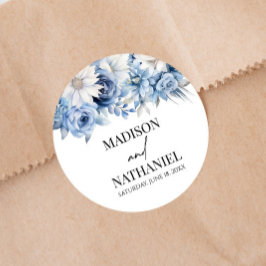 Stoffig Blauw Bloemen Tuin Trouwen Ronde Sticker