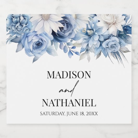 Stoffig Blauw Bloemen Tuin Trouwen Sparkling Wijnetiket (Enkel label)