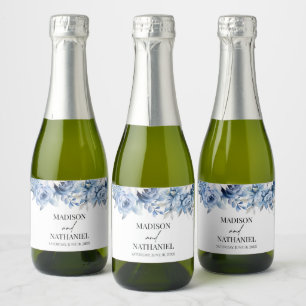 Stoffig Blauw Bloemen Tuin Trouwen Sparkling Wijnetiket
