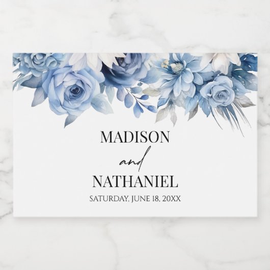 Stoffig Blauw Bloemen Tuin Trouwen Sparkling Wijnetiket (Enkel label)