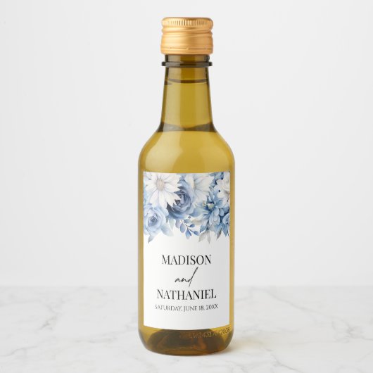 Stoffig Blauw Bloemen Tuin Trouwen Wijn Etiket (Voorkant)