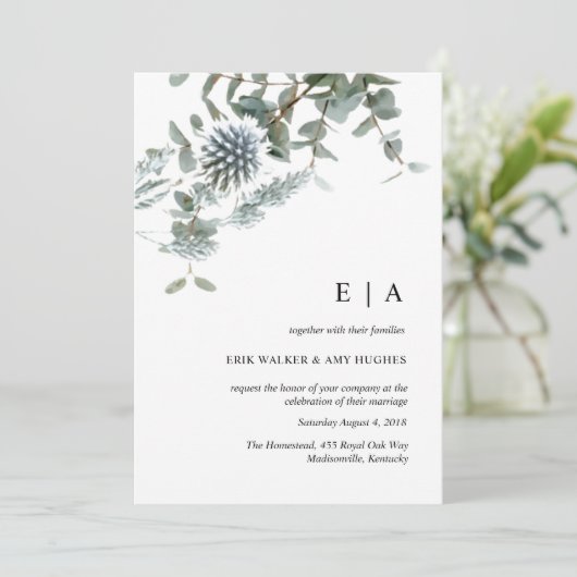 Stoffig blauw bloemen waterverf bruiloft uitnodigi kaart (Staand voorkant)