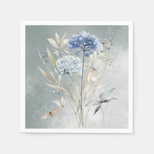 Stoffig Blauw Bloemen Waterverf Papier Servet (Voorkant)