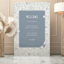 Stoffig Blauw Bloemen Welkom Art Nouveau Trouwbord