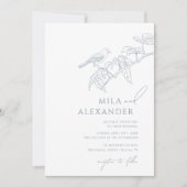 Stoffig Blauw  Bloemen Zangvogel Bruiloft Kaart (Voorkant)