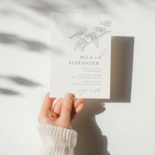 Stoffig Blauw  Bloemen Zangvogel Bruiloft Kaart