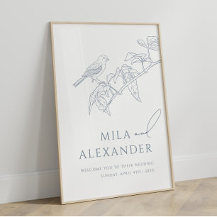 Stoffig Blauw Bloemen Zangvogel Bruiloft Welkom Poster