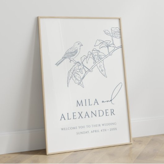 Stoffig Blauw Bloemen Zangvogel Bruiloft Welkom Poster