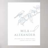 Stoffig Blauw Bloemen Zangvogel Bruiloft Welkom Poster (Voorkant)