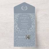 Stoffig blauw bloemenbohemian klassieke bruiloft all in one uitnodiging (Binnen)