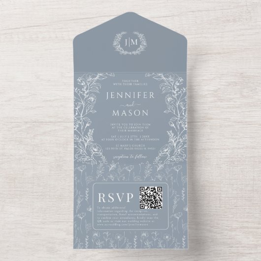 Stoffig blauw bloemenbohemian klassieke bruiloft all in one uitnodiging (Binnen)