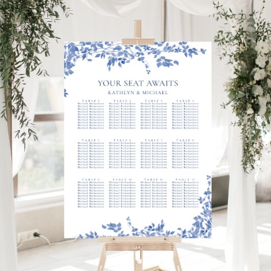 Stoffig Blauw  Bloemenbruiloft 12 Tafelzitjes Poster