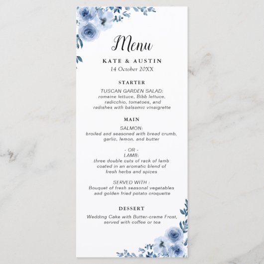 Stoffig blauw bloemenbruiloft menu (Voorkant)