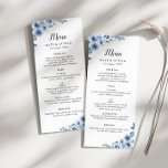 Stoffig blauw bloemenbruiloft menu<br><div class="desc">waterverf stoffige blauwe bloemen met elegante zwarte tekst. Personaliseer de tekst en kleuren op deze sjabloon van het huwelijksprogramma.</div>