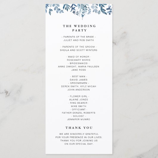 Stoffig blauw bloemenbruiloft programma programmakaart (Achterkant)