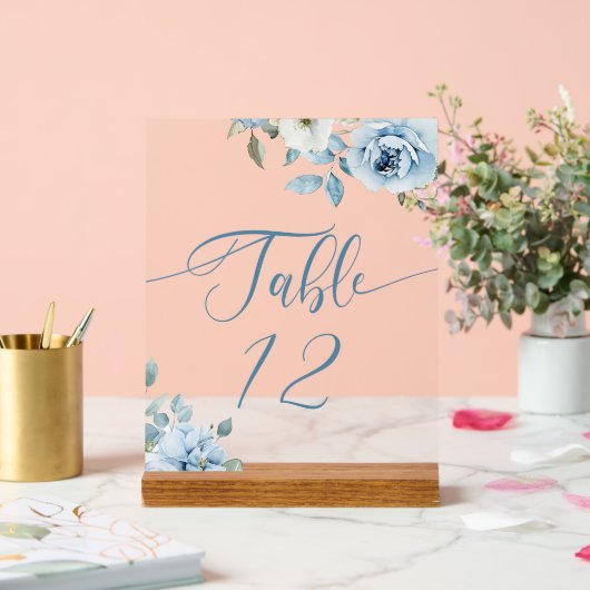 Stoffig blauw bloemenbruiloft tafel nummer acryl bord (Huwelijk)