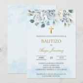 Stoffig blauw bloemendoop Spaanse uitnodiging (Voorkant / Achterkant)