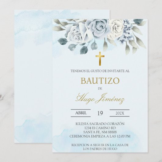 Stoffig blauw bloemendoop Spaanse uitnodiging (Voorkant / Achterkant)