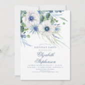 Stoffig Blauw Bloemengroen Elegante Verjaardag Kaart (Voorkant)