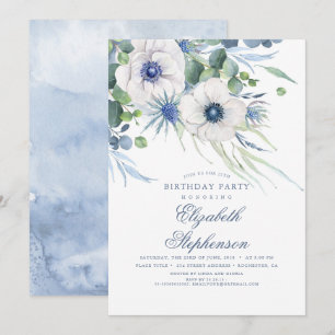 Stoffig Blauw Bloemengroen Elegante Verjaardag Kaart