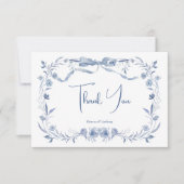 Stoffig blauw bloemengroen lint elegante bruiloft bedankkaart (Voorkant)