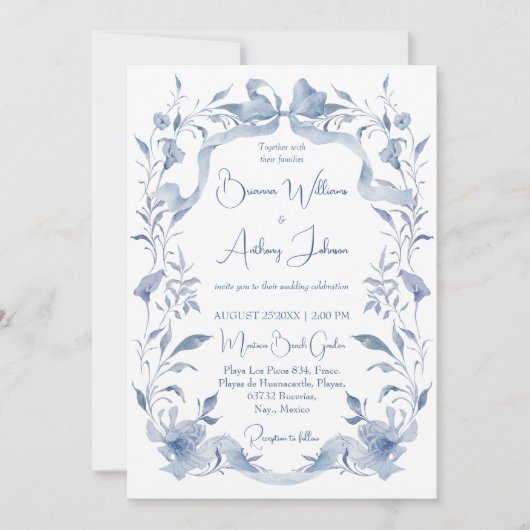 Stoffig blauw bloemengroen lint elegante bruiloft kaart (Voorkant)